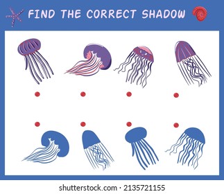 Educational matching game for children. Find the correct shadow. Cartoon fish