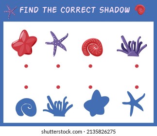 Educational matching game for children. Find the correct shadow. Cartoon starfish, shell, seaweed