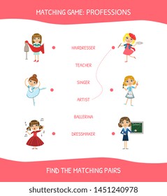 Educational Matching Game for Children, Professions, Find The Hatching Pairs Vector Illustration