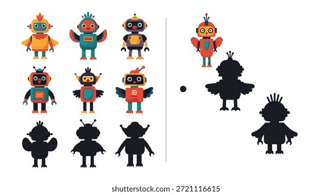 Juego educativo de emparejamiento para niños con coloridos personajes de pájaros robot y sus correspondientes siluetas negras para el aprendizaje.
