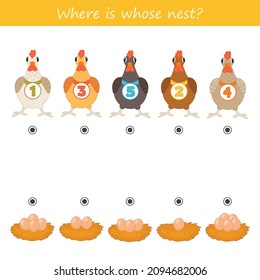 Educational matching game for kids. Where is whose nest? Eggs and hens. Learning to count up to 5? Printable worksheet for preschool children.