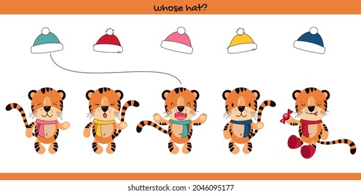 Educational matching game for preschool children. Whose hat. Cute tigers in Santa Claus's caps. Happy New Year. Vector illustration. 