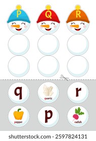 Educational material for children of primary school age. Learning the letters of the English alphabet. Template for an activity book with Velcro. Cute illustration of a cartoon snowman in a hat.