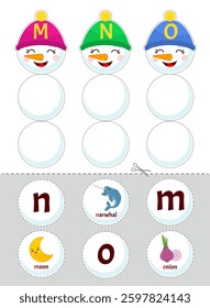 Educational material for children of primary school age. Learning the letters of the English alphabet. Template for an activity book with Velcro. Cute illustration of a cartoon snowman in a hat.