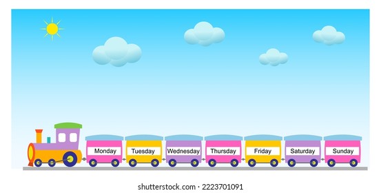 Material educativo para niños. Aprende días de la semana. Diseño del tren de caricaturas con 7 carruajes días de la semana. Ilustración vectorial. 