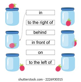 Educational material for kids. Learning prepositions. Cartoon glass jar vector. Illustration for children education.