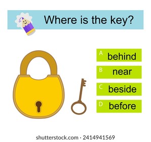 Educational material for kids. Learning prepositions. Where is the key? 