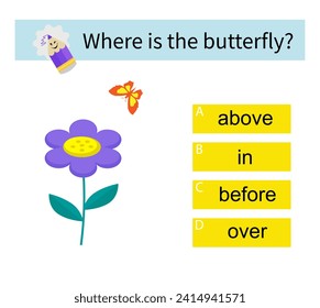 Material educativo para niños. Preposiciones de aprendizaje. ¿Dónde está la mariposa? Ilustración vectorial.