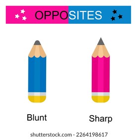 Educational material for kids. Opposites words: sharp and blunt. Pencils. Vector illustration.