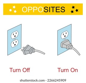 Educational material for kids. Opposites words: turn on and turn off. Vector illustration. 