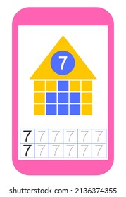 Educational material for kids. Preschool worksheet activity. Worksheet for training numbers. Number 7.