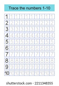 Educational material for kids. Preschool worksheet activity. Tracing dashed lines. Number worksheets for kids to practice writing the numbers. Numbers 1-10. Vector illustration.