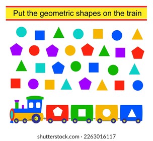 Educational material for kids. Put the geometric shapes on the train. Vector illustration.