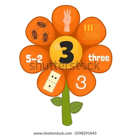Educational material for learning numbers. Cartoon illustration cute flower. Counting 1-10.
