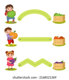 Educational material for preschool children. Graphomotor tracks, writing practice. Cartoon vector illustration of kids with vegetables.


