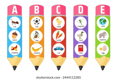 Educational material for primary school children. Learning the English alphabet. Illustrations of multi-colored pencils with letters.
