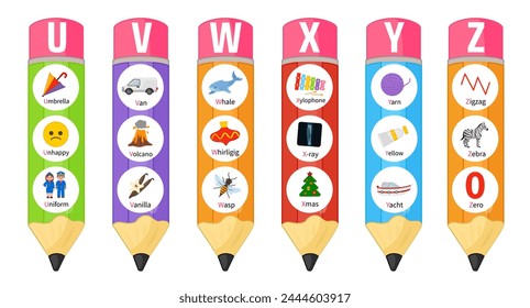 Educational material for primary school children. Learning the English alphabet. Illustrations of multi-colored pencils with letters.
