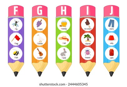 Matériel éducatif pour les enfants du primaire. Apprendre l'alphabet anglais.  Illustrations de crayons multicolores avec des lettres.
