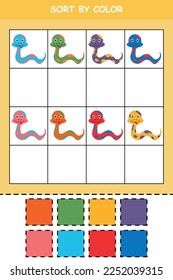 Educational material for toddlers. Learning poster for kids. Cut and glue. Education developing worksheet. Matching game for kids. Color activity page. Cute snake character. Vector illustration