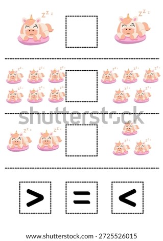 An educational math activity for children featuring cute unicorns for counting and comparing numbers using the symbols “greater than,” “less than,” and “equal to.” A printable activity for preschoolers to learn the basics of math and logic.