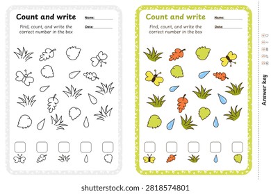 Educational math activity for children. Find, count, and write the correct number in the box up to 6. Features cute butterflies, oak leaves, grass, and raindrops. Includes colorful and black and white versions. Printable vector illustration