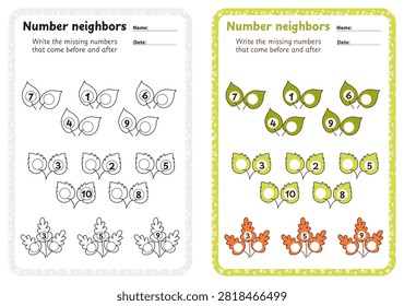 Educational math activity for children. Number neighbors worksheet. Write the missing numbers that come before and after. Features cute autumn and spring leaves. Includes colorful and black and white coloring page versions. Printable vector illustration