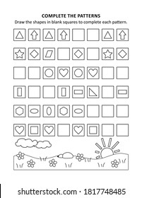 Educational math activity sheet and coloring page for kids to learn and practice basic skills of recognising patterns and shapes
