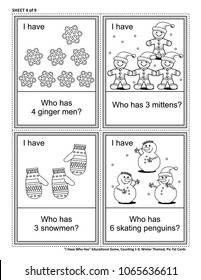 Educational math card game - I Have Who Has - for group of young learners (classroom, kids party). Sheet from set of 9. Learn, reinforce, subitize counting. Winter and holidays themed. 