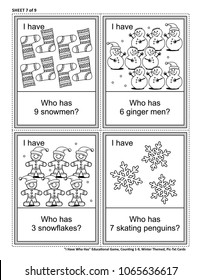 Educational math card game - I Have Who Has - for group of young learners (classroom, kids party). Sheet from set of 9. Learn, reinforce, subitize counting. Winter and holidays themed. 