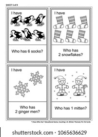 Educational math card game - I Have Who Has - for group of young learners (classroom, kids party). Sheet from set of 9. Learn, reinforce, subitize counting. Winter and holidays themed. 