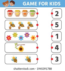 Educational math children game.  Bee, honeycomb. How many? Count from 1 to 5. Printable worksheet for kids brain teaser book. Vector illustration.