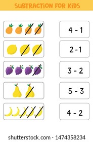 Educational math children game. Subtraction for kids. Match game.