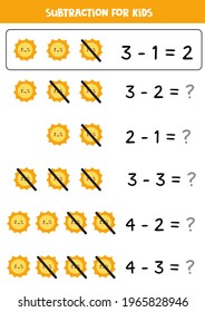 Educational math children game. Subtraction with sun.