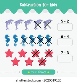 Educational Math Children Game Subtraction For Kids Math Worksheet vector illustration