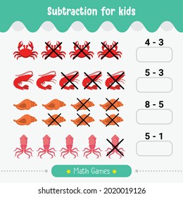 Substracción del juego de matemáticas educativas para niños ilustración vectorial de hoja de cálculo matemática