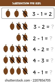 Erziehungsmathematik-Kinderspiel. Subtraktion mit Kiefernzapfen.
