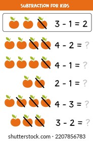 Educational math children game. Subtraction with red apple. 