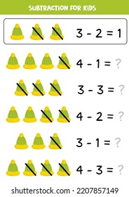 Educational math children game. Subtraction with green cap.