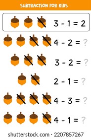 Educational math children game. subtraction with acorn. 
