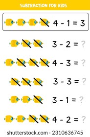 Educational math children game. Subtraction with cute butterfly fish.
