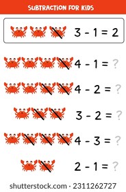 Educational math children game. Subtraction with cute red crab.