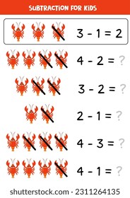 Educational math children game. Subtraction with cute red lobster.