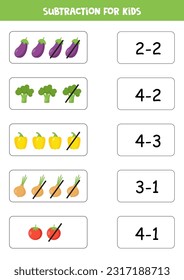 Educational math children game. Subtraction with cartoon vegetables for kids. Matching game.
