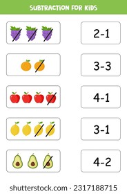 Educational math children game. Subtraction with cartoon fruits for kids. Matching game.