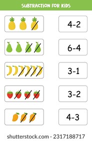 Juego de matemáticas educativas para niños. Retirada con frutos de dibujos animados para los niños. Juego coincidente.