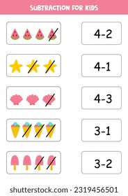 Educational math children game. Subtraction with summer elements for kids. Matching game.