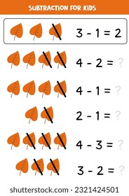 Educational math children game. Subtraction with cute autumn leaves.