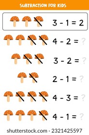 Educational math children game.  Subtraction with cartoon fly agaric.