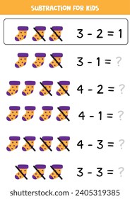 Educational math children game. Subtraction with cartoon colorful sock. Matching game.