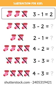  Educational math children game. Subtraction with cartoon colorful sock. Matching game.